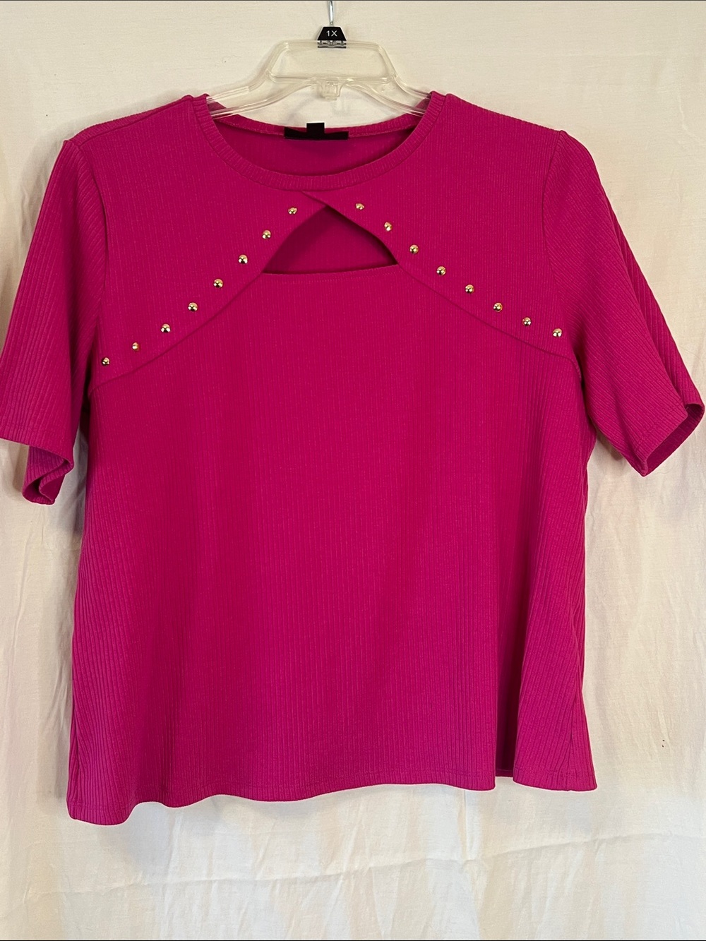I.N.C. International Concepts Pink Ribbed Keyhole Stud Trim Short Sleeve Top 1X